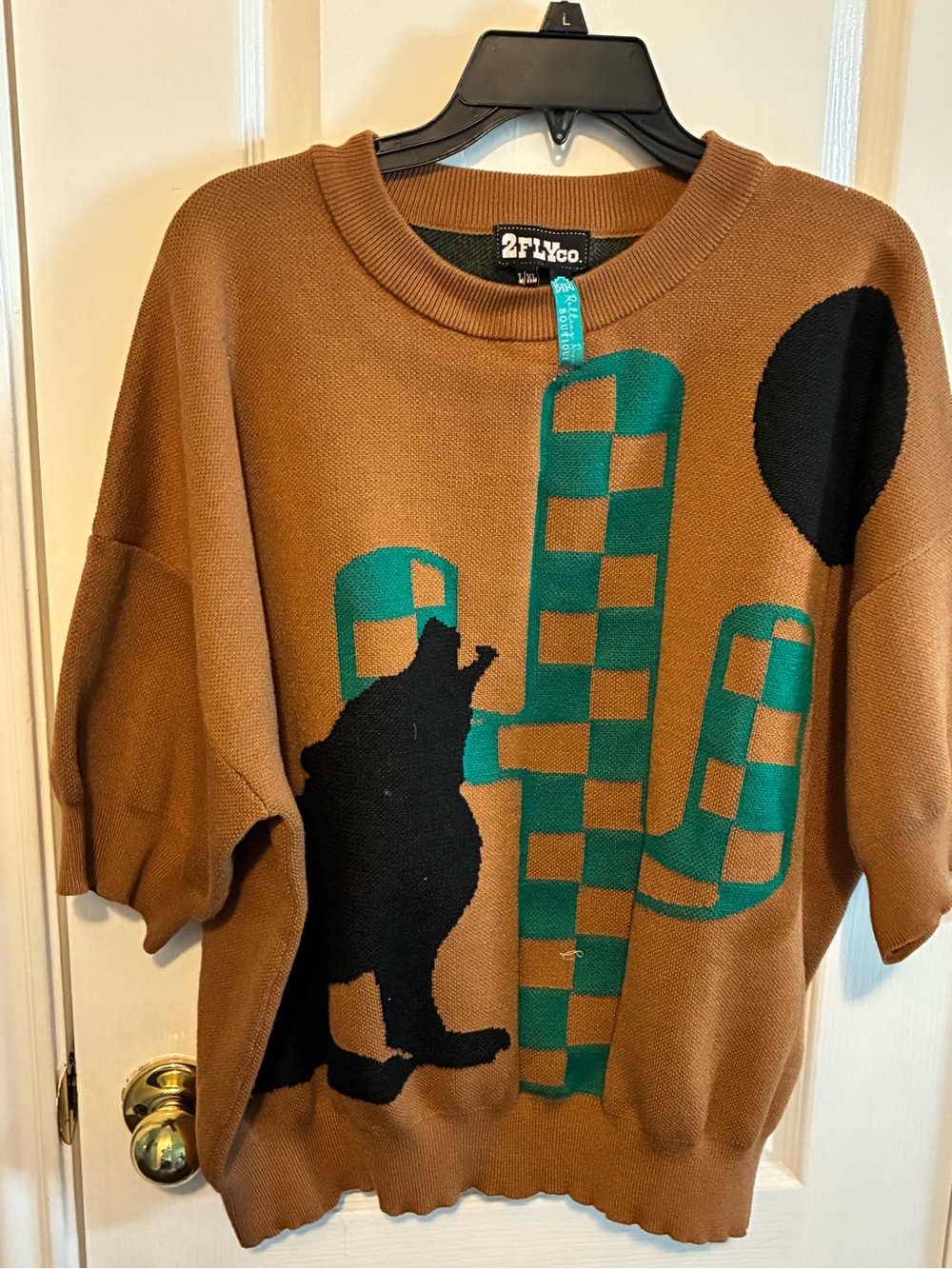 2FlyCo Brown Graphic Crewneck Sweater with Teal Cactus Motif